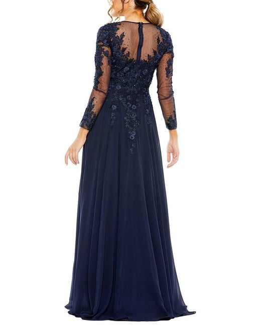 Mac Duggal Blue Hand-Embellished Lace Gown With Jeweled Embroidery