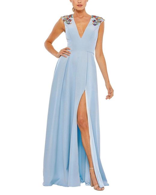 Mac Duggal Blue Beaded Cap Sleeve V Neck A-Line Gown