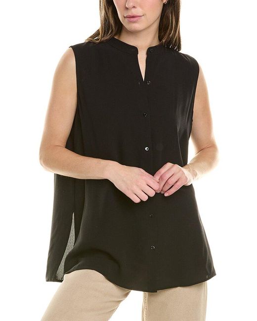 Eileen Fisher Black Stand Collar Silk Shirt