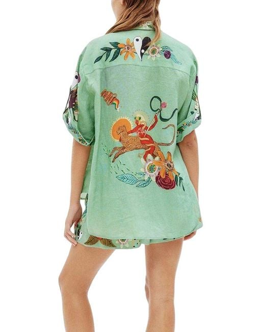 CHARLOTTE GREEN Green 2Pc Linen-Blend Shirt & Short Set