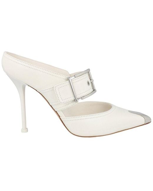 McQueen White Buckle Leather Mule