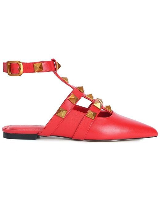 Tiffany & Fred Paris Red Studded Leather Pointy-Toe Ankle Strap Flat