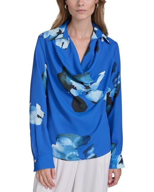Halston Heritage Blue Printed Cowl Neck Top