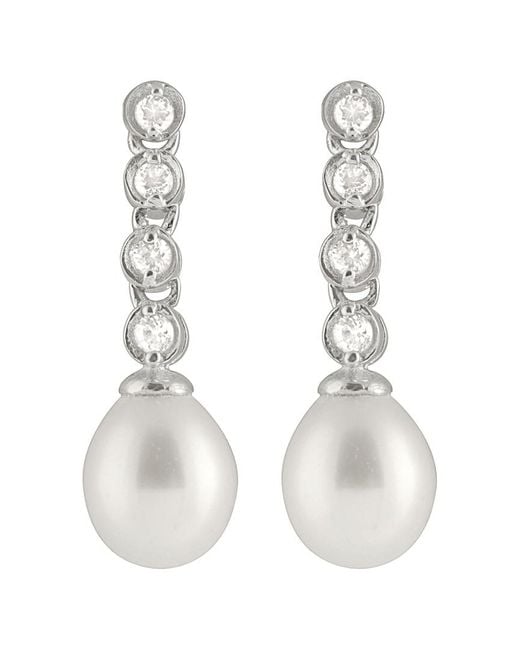 Splendid White Silver 7.5-8mm Freshwater Pearl & Cz Drop Earrings