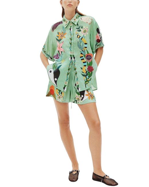 CHARLOTTE GREEN Green 2Pc Linen-Blend Shirt & Short Set