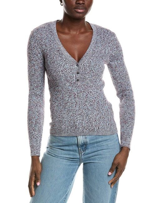 Minnie Rose Blue Cashmere-Blend Rib Marled Henley Cardigan