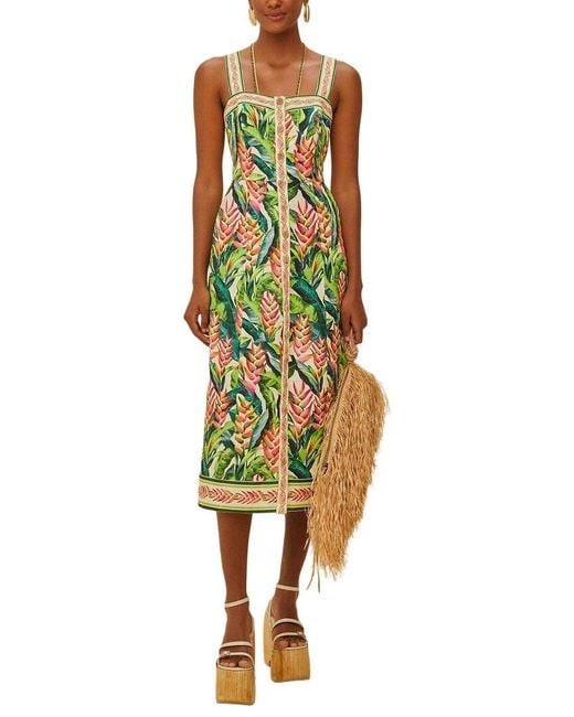 Farm Rio Green Linen Heli Leaves Pearl Midi Dress