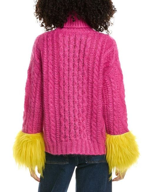 Prada Pink Shearling Trimmed Cable Knit Mohair & Wool-Blend Sweater