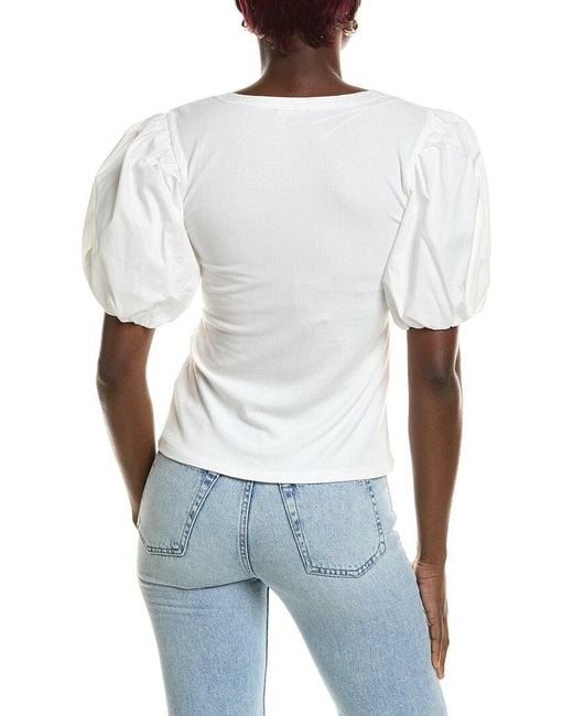 1.STATE White Combo Knit Puff Sleeve Top
