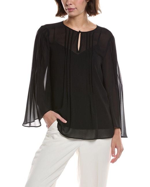 Anne Klein Black Flutter Sleeve Pleated Blouse