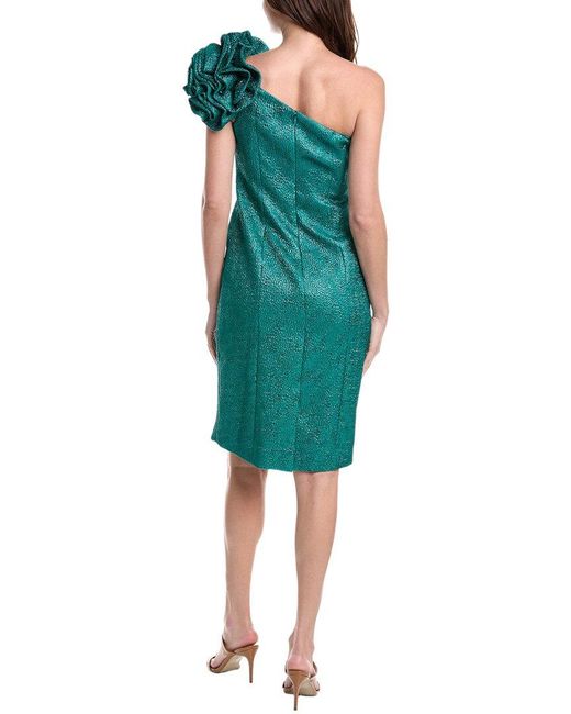 Teri Jon Green Metallic Pebble Jacquard One- Shoulder Flower Ruffle Dress