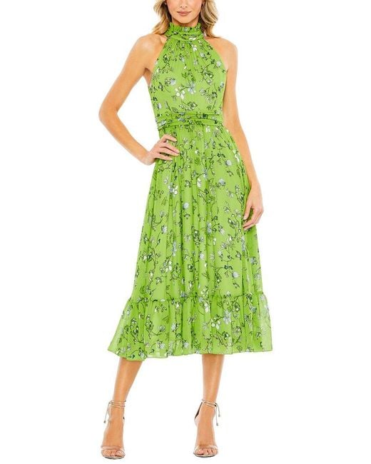 Mac Duggal Women's Green Floral Print Halter Neck A-Line Dress