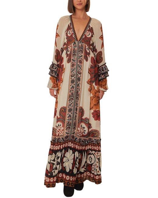 Farm Rio Brown Winter Tapestry Sand V Neckline Long Sleeve Maxi Dress