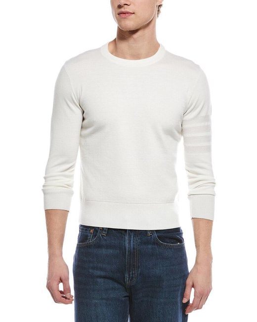 Thom Browne White Merino 4 Bar Wool & Linen-Blend Crewneck Sweater for men