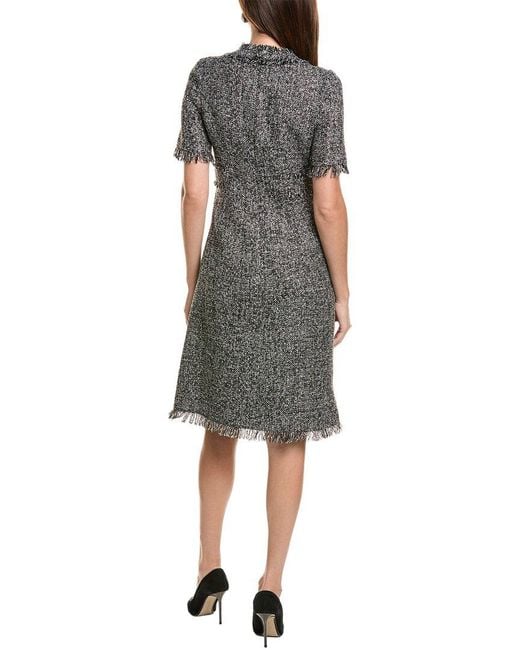 Teri Jon Gray Sparkle Tweed Fringe Trim A-Line Dress