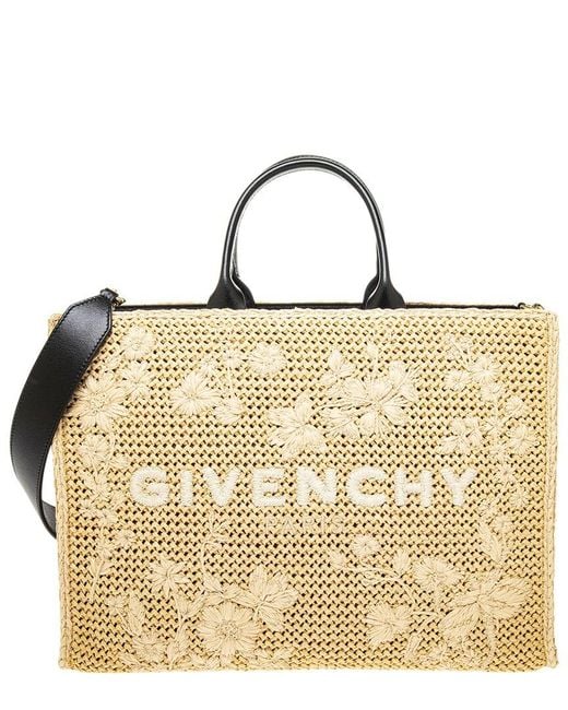 Givenchy Metallic Floral Print Medium Raffia & Leather Tote