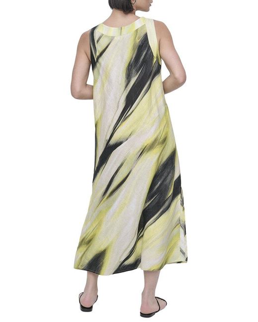DKNY Green V-Neck Panel Print Linen Midi Dess