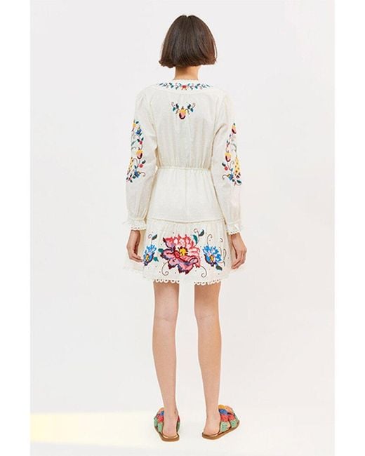 Farm Rio White Macaw Cross Stitch Embroidered Mini Dress