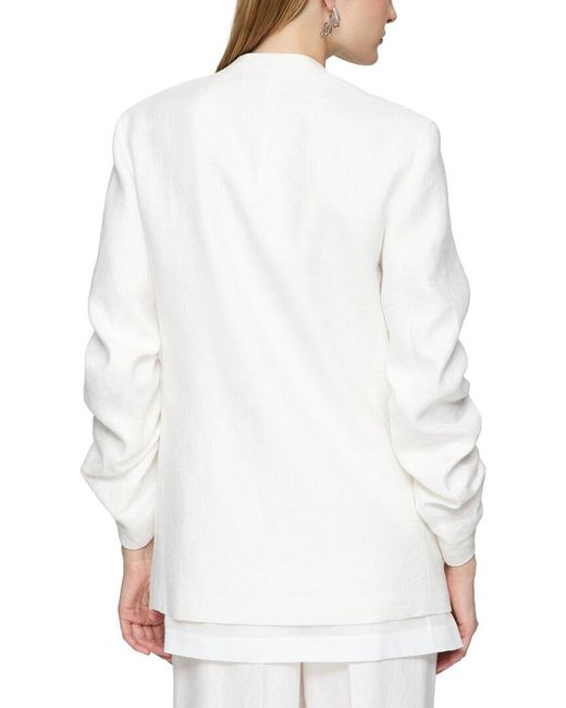 Lafayette 148 New York White Petite V-Neck Ruched Sleeve Linen Blazer