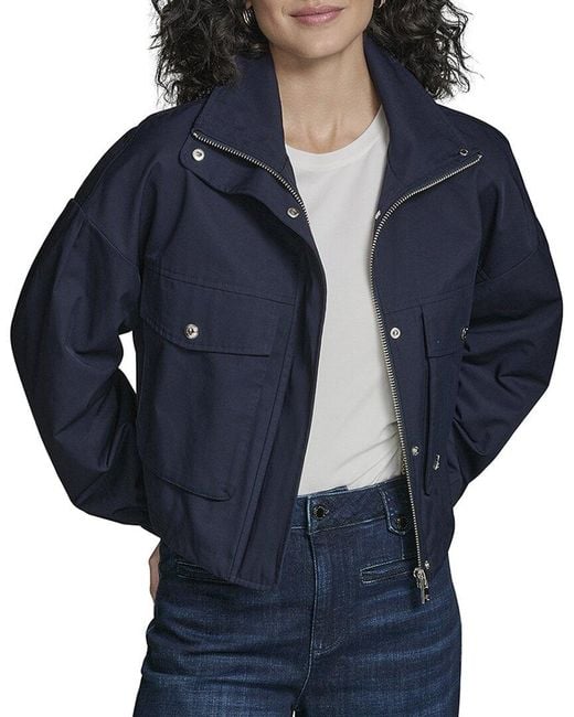 Karl Lagerfeld Blue Cropped Drop Sleeve Bomber Jacket