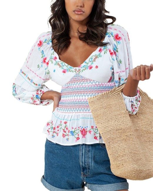 Hale Bob Blue Embroidered Smocked Top