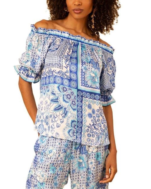 Hale Bob Blue Tatum Silk-Blend Blouse