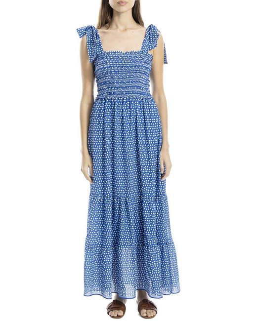 Max Studio Blue Self Tie Smocked Bodice Maxi Dress
