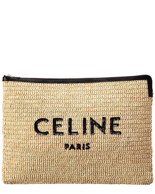 Céline Natural Large Straw & Leather Pouch