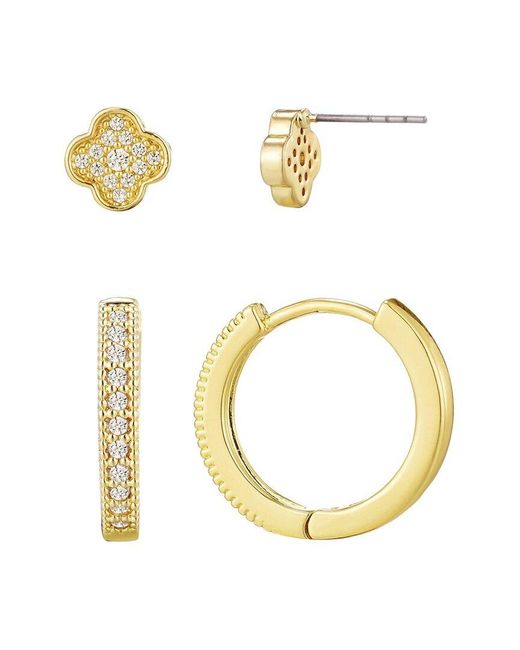 Adornia Metallic 14K Plated Cz Huggie & Clover Stud Earring Set