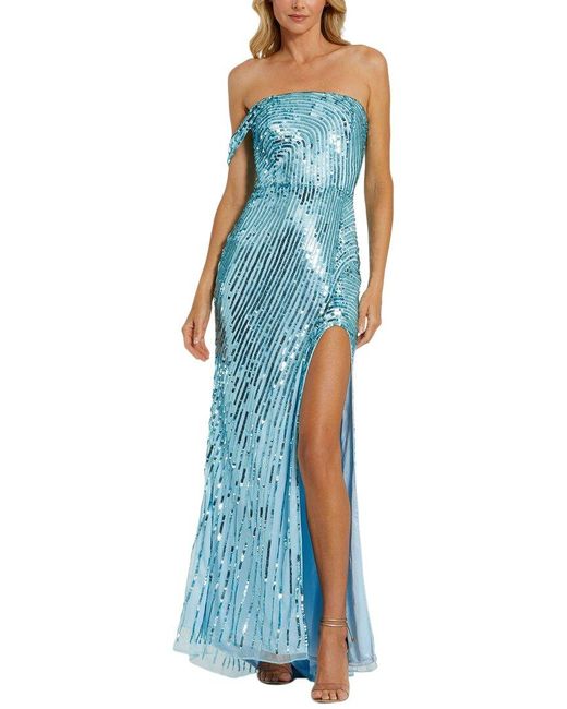 Mac Duggal Blue Mesh Sequin Gown