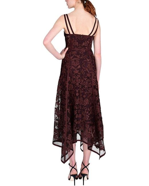 Marchesa Purple Ribbon Strap Corded Lace Handkerchief Hem Midi Dress