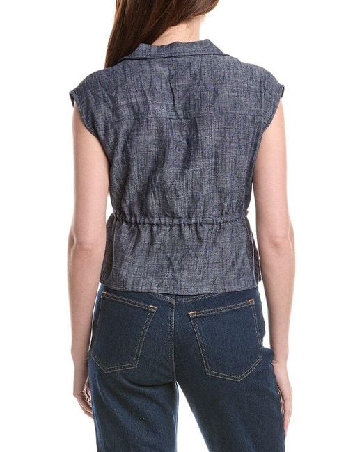 Ellen Tracy Blue Chambray Linen-Blend Top