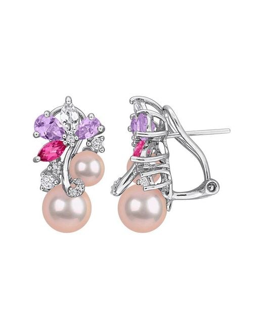 Rina Limor Pink 2.46 Ct. Tw. Rose De France, Multi- Topaz & 8-8.5Mm Pearl Dangle Earrings