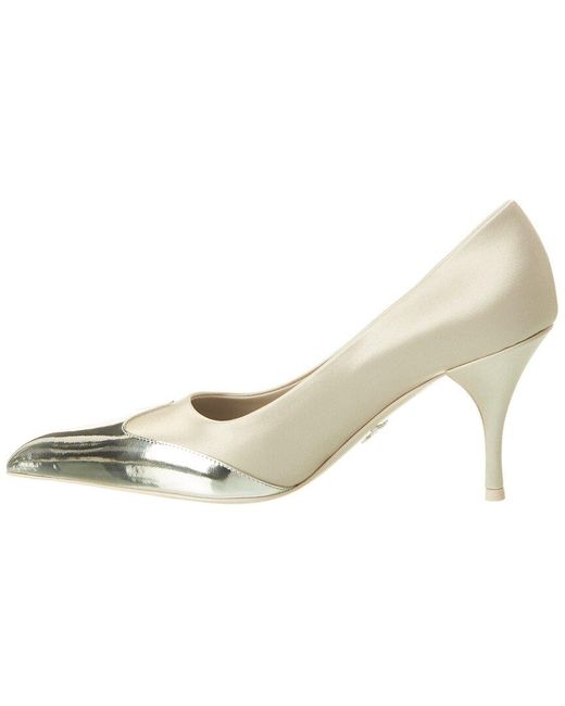 Prada White Logo Metallic Leather Pointy-Toe Pump