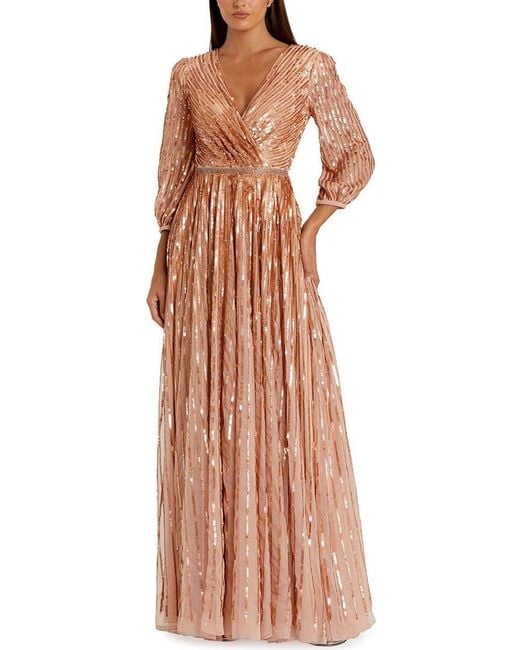 Mac Duggal Brown Sequined Wrap Over 3/4 Sleeve Gown