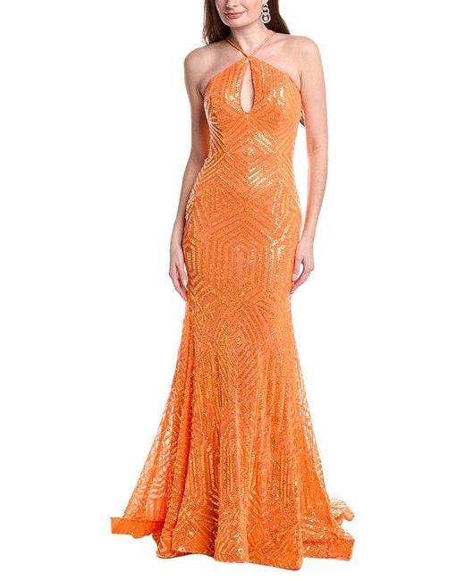 Jovani Orange Halter Neck Embellished Dress