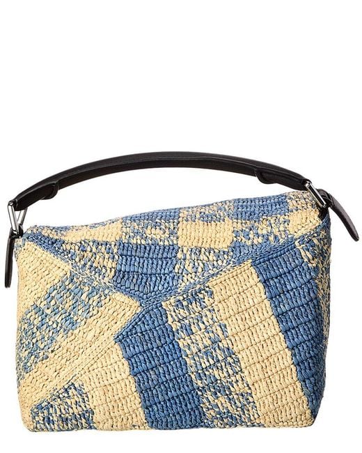 Loewe Blue Puzzle Edge Small Raffia & Leather Shoulder Bag