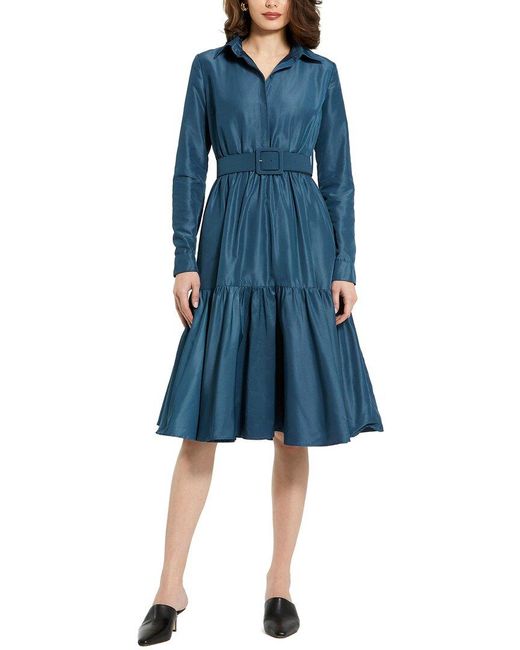 Mac Duggal Blue Faille Collared Midi Dress With Belt