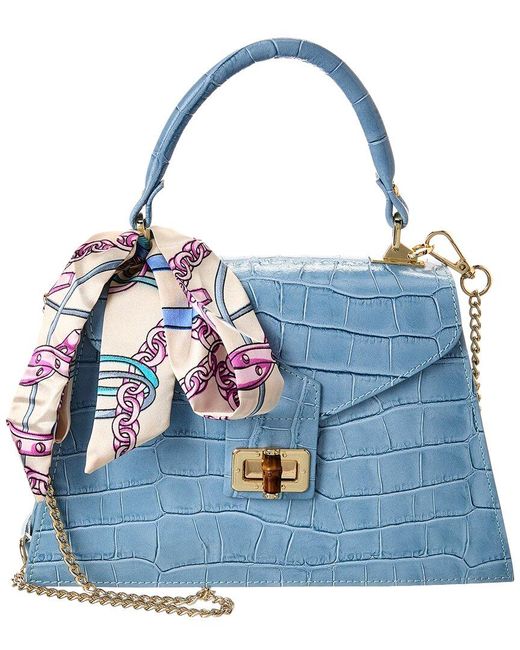 Persaman New York Blue Marta Croc-Embossed Leather Satchel