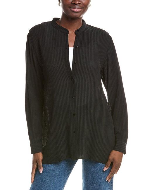 Eileen Fisher Black Mandarin Collar Silk Shirt