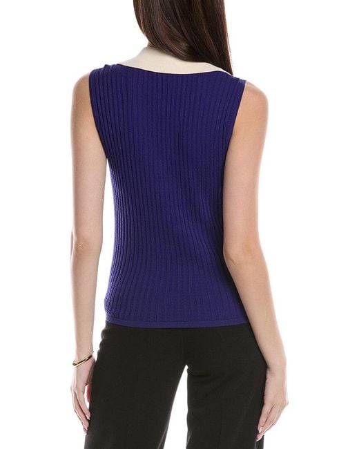 St. John Blue Textured Rib Knit Collar Shell