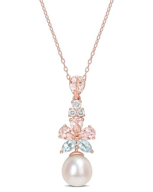 Rina Limor Metallic 18k Rose Gold Over Silver 2.76 Ct. Tw. Gemstone 9.5-10mm Pearl Floral Drop Pendant