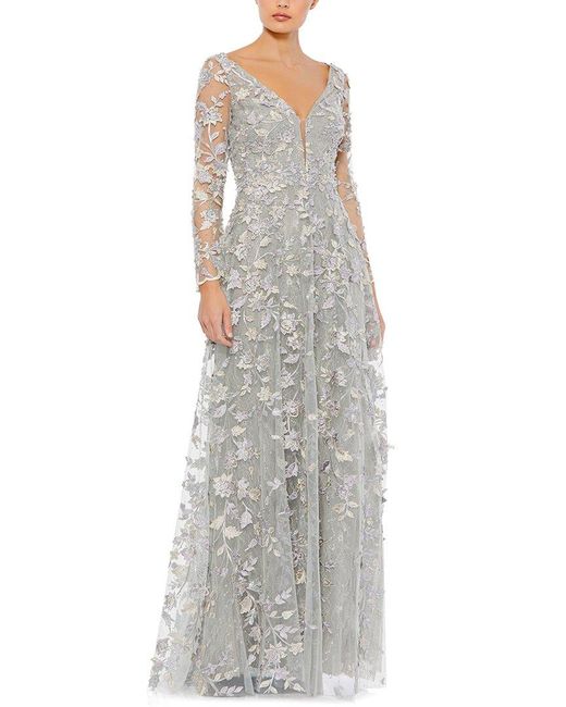 Mac Duggal Gray Floral Applique Long Sleeve Illusion Gown