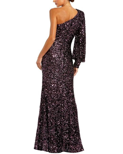 Mac Duggal Purple Sequined One Shoulder Bishop Sleeve Trumpet Gown