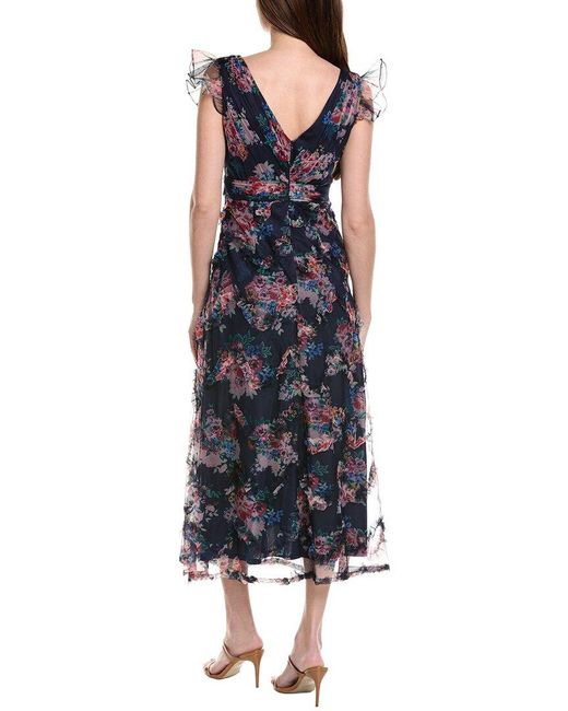 Adrianna Papell Blue Printed Tulle Ankle Dress
