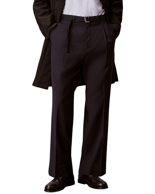Calvin Klein Black Straight Wool-Blend Pinstripe Belted Trouser for men