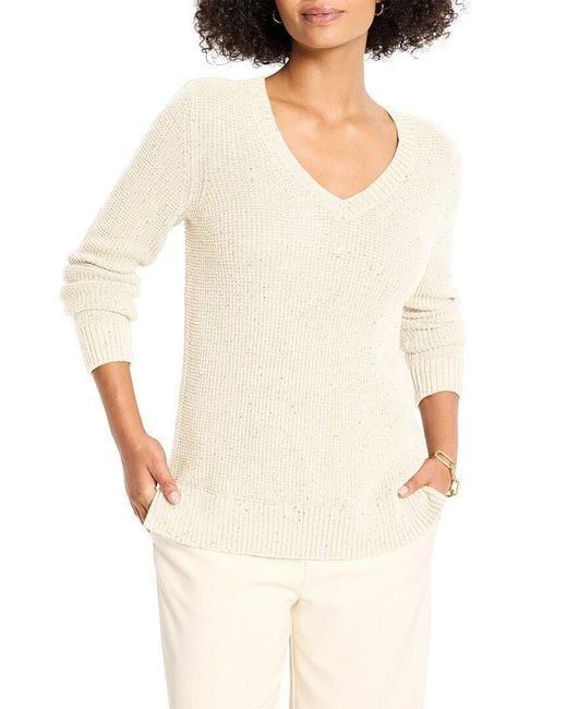 NIC+ZOE White Petite Shimmer Waffle V-Neck Sweater