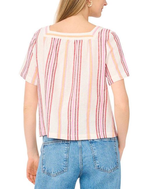 Vince Camuto Red Square Neck Flutter Sleeve Linen-Blend Blouse