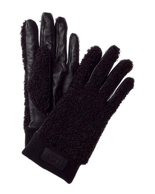 Ugg Blue Knit Cuff Sherpa & Leather Gloves