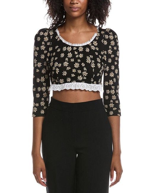 Miu Miu Black Cropped Lace Trimmed Floral Jacquard Knit Top